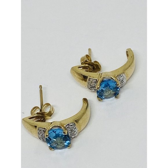 10K Yellow Gold Blue Topaz Diamond Earrings Half Hoop - Picture 2 of 7